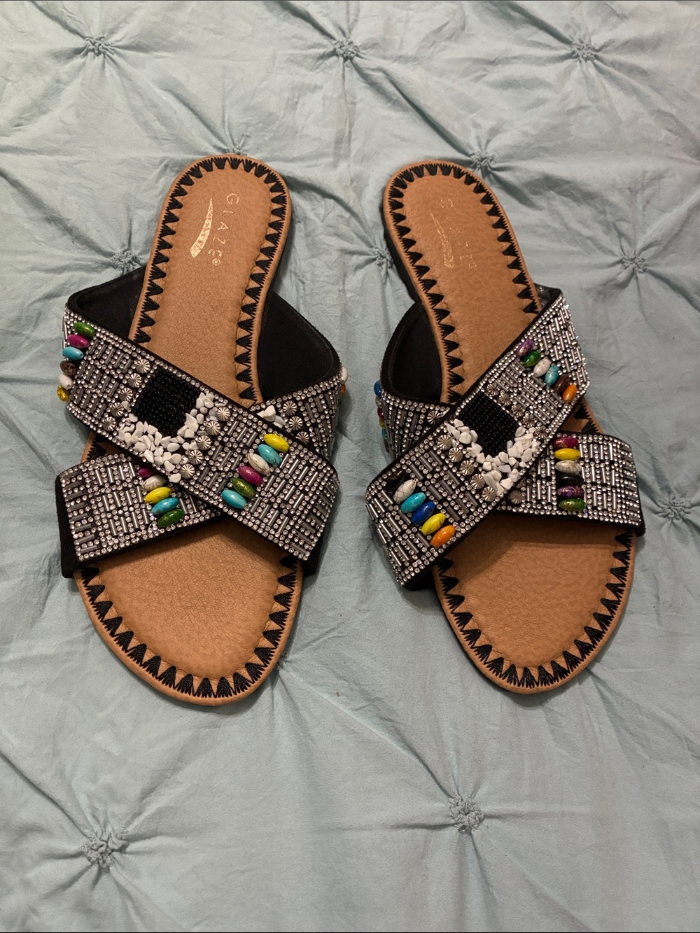Glaze Black Beaded Cross-Strap Sandals with Multicolor Accents